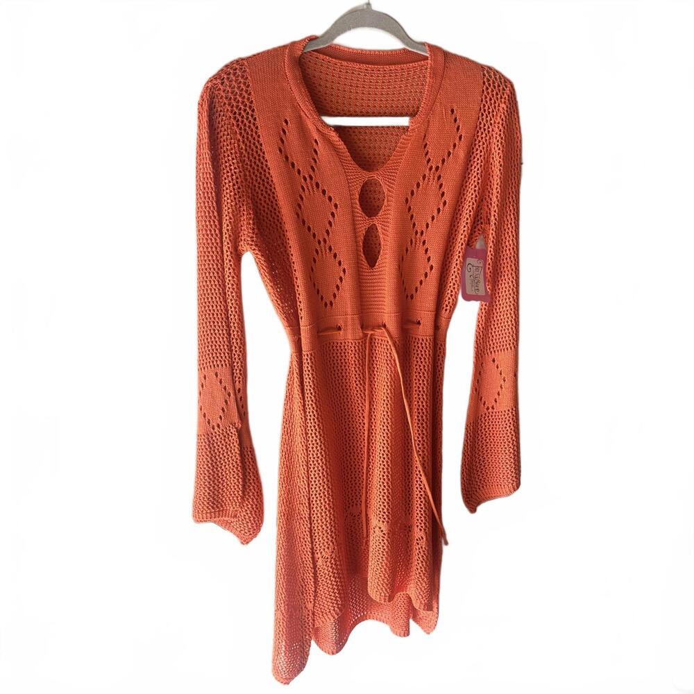 Cute Orange Crochet Knit Dress with Tie Waist